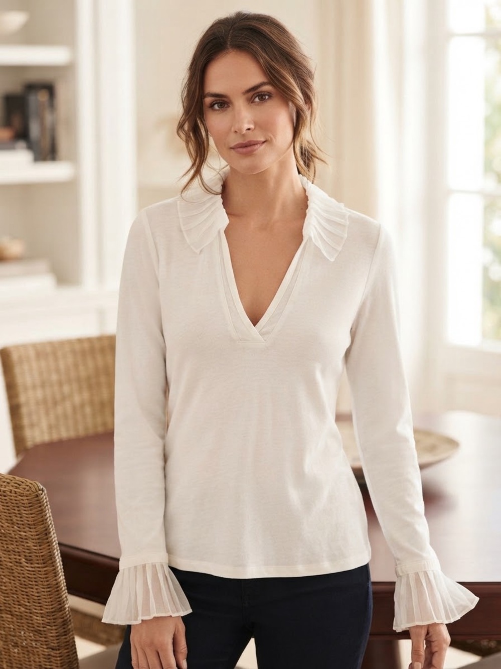 ANNE FONTAINE Liberty Pleated-Collar V-Neck Long Sleeve Top